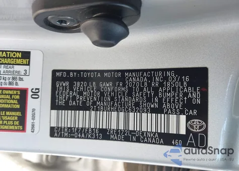 2016 Toyota Corolla Le из США, поврежденный, VIN 2T1BURHE0GC632093